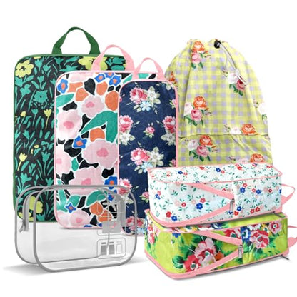 7 Piece Travel Compression Packing Cubes - Toiletry Kit Foldable Organizer Bags for Efficient Suitcase Packing - gingham print with lovely floral (Travel Essentials) - color: Black-1