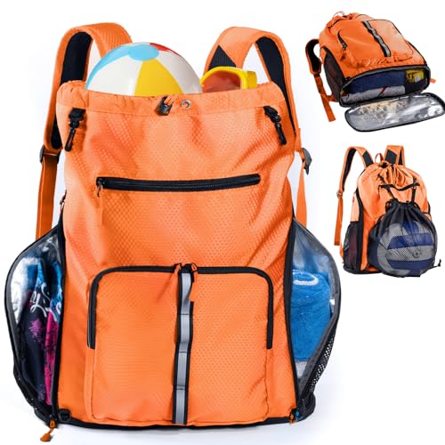 Large Beach Backpack Waterproof Sandproof - Customized Oversized Drawstring Pool Bag with Shoe Compartment for Toiletries, Towels, Gym, Travel - color: Orange