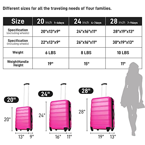 Merax Luggage Sets of 3 Piece Carry on Suitcase Airline Approved,Hard Case Expandable Spinner Wheels (Pink) - color: Pink, size: 3-Piece Set(20/24/28)
