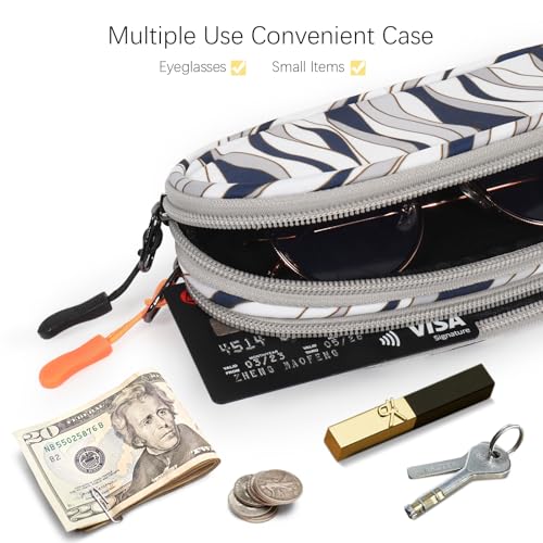 Double Eyeglasses Case Soft Portable Zipper Sunglasses Pouch with Keychain Clip for Men Women - color: Gray Wave