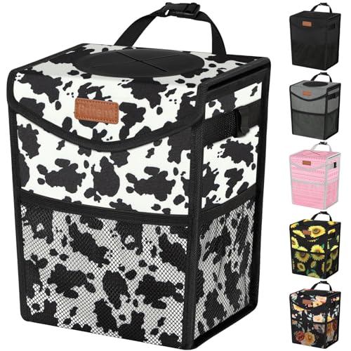 Pritent Car Trash Can with Lid, Cute Leakproof Car Trash Garbage Bag Hanging Vehicle Trash Bin Small Portable Automotive Garbage Cans Organizer for Back/Front Seat/Console(Trapezoid,Cow Print) - color: Cow Print, size: 2 Gallons