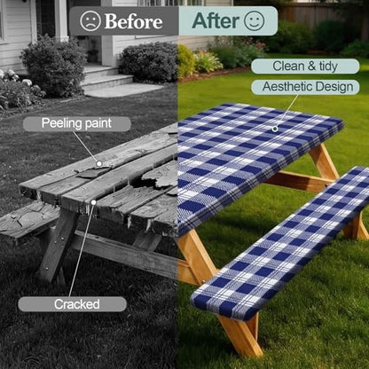 Play Tailor Picnic Table Cover with Bench Covers Camping Essentials Waterproof Windproof Camping Tablecloth with Drawstring Bag, Fitted Rectangle Tables and Seats, 60in, Blue Checkered - color: Blue Checkered, size: 60in