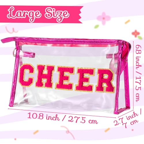 Y1tvei CHEER Clear Makeup Bag - Preppy Rose Red Cheer Chenille Patch Cosmetic Pouch Extra Large PVC Transparent Toiletry Carry Bag Portable Waterproof Travel Organizer Cheer Gift for Cheerleader - color: Rose red CHEER Rose Red