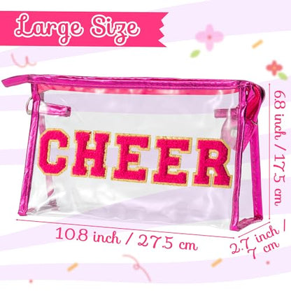 Y1tvei CHEER Clear Makeup Bag - Preppy Rose Red Cheer Chenille Patch Cosmetic Pouch Extra Large PVC Transparent Toiletry Carry Bag Portable Waterproof Travel Organizer Cheer Gift for Cheerleader - color: Rose red CHEER Rose Red
