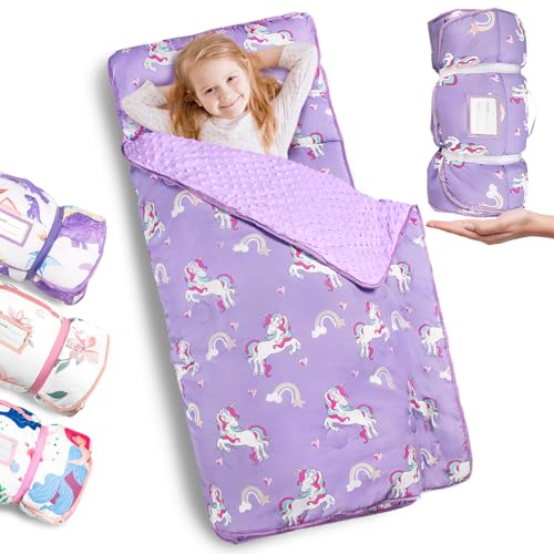 Primlect Thickened Toddler Nap Mat with Removable Pillow and Minky Blanket, Extra Large 55''x35'' Sleeping Bag, Washable, Roll up, Perfect for Daycare, Preschool, Kindergarten, Girls Purple Unicorn - color: Purple Unicorn
