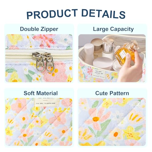 GISMTR 3Pcs Makeup Bag Cotton Quilted Travel Cosmetic Bag Cute Floral Makeup Pouch Large Toiletry Bag for Women Girls - color: Oil painting flowers