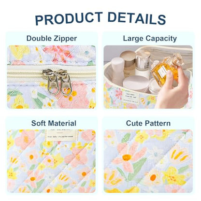 GISMTR 3Pcs Makeup Bag Cotton Quilted Travel Cosmetic Bag Cute Floral Makeup Pouch Large Toiletry Bag for Women Girls - color: Oil painting flowers
