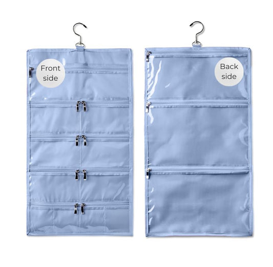 On-The-Go Organizer, 14 Clear Vinyl Pockets, Hanging Travel Case for Makeup and Accessories, 13.5 x 24 inches (Hydrangea Blue, Large) - color: Hydrangea Blue, size: Large