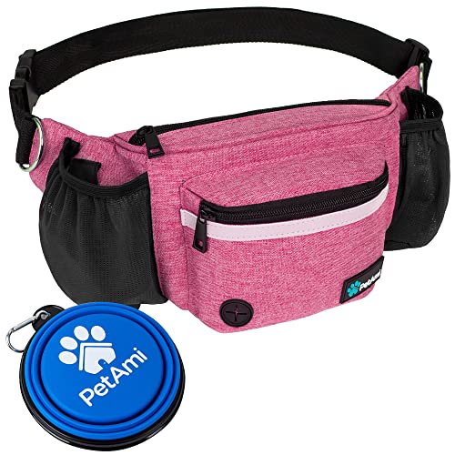 PetAmi Dog Fanny Pack, Treat Pouch for Dog Walking, Training, Built in Poop Bag Dispenser, Water Bottle Holder, Collapsible Bowl, Pet Treat Waist Belt for Hiking, Running, Kibbles (Pink) - color: Pink