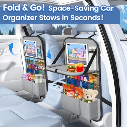 2PACK-Car Backseat Organizer with Touch Screen Tablet Holder,9 Storage Pockets Storage Organizer with Foldable Food Tray, Protector Kick Mats for Kids, Travel Accessories Organizer (Grey) - style: 2 Pack with Food Tray-Grey