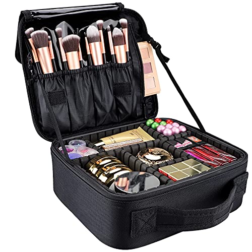 gzcz Travel Makeup Bag,Portable Makeup Case for Women,Professional Cosmetic Train Case Organizer Artist Storage Bag With Adjustable Dividers Brushes Toiletry Jewelry Digital Accessories - color: Black with Support Strap, size: Small