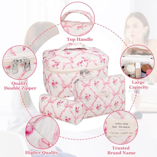Gosect 3PC Makeup Bag Set, Quilted Makeup Bag, Large Floral Cosmetic Bag for Women, Cute Cotton Makeup Bags, Flower Travel Toiletry Organizer Bag (Pink Flower) - color: Pink Flower