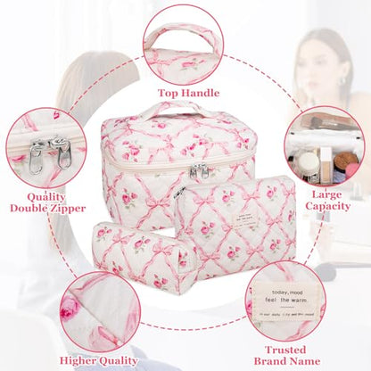 Gosect 3PC Makeup Bag Set, Quilted Makeup Bag, Large Floral Cosmetic Bag for Women, Cute Cotton Makeup Bags, Flower Travel Toiletry Organizer Bag (Pink Flower) - color: Pink Flower