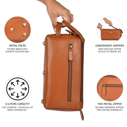 LEATHER VILLAGE Genuine Carbon Fiber Genuine Leather Travel Toiletry Bag - Large Dopp Kit, Water-Resistance Bathroom Kit & Shaving Organizer for Men & Women - Tan - color: Carbon Tan