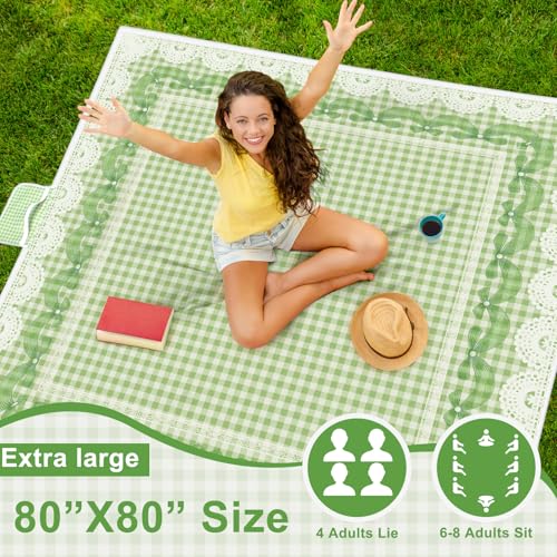 Qinyoung Bow Checkered Extra Large Picnic Blanket 79''x79'' Green Waterproof Foldable Blankets Sandproof Picnic Mat for Beach Spring Camping Grass Lawn Park Cute Couple Gifts Ideas Wedding Registry