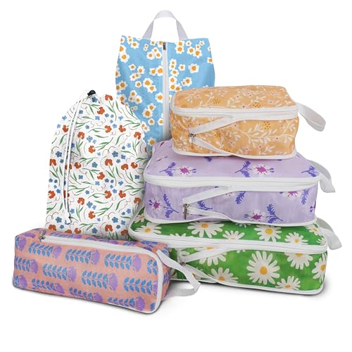 6 Pcs Compression Packing Cubes, Packing Cubes for Travel, Waterproof Luggage Organizer Bags Set, Cute Packaging Cubes for Women Kids Backpack Carry-Ons - color: Small Flowers, size: 6 Set