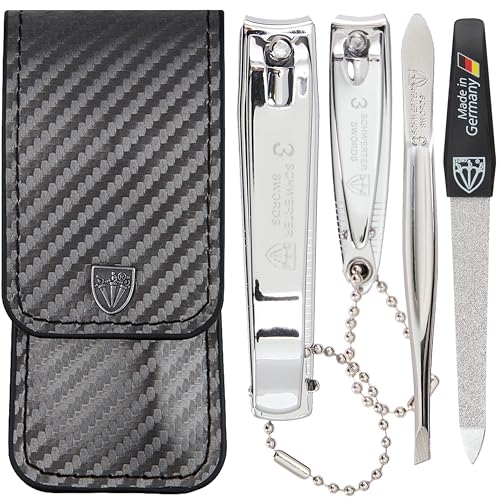 3 Swords Germany - Brand Quality 4 piece Manicure Pedicure Grooming kit Set Tweezers File Clipper Fashion Leather case in Gift Box, Made by 3 Swords - color: Carbon Grey