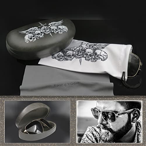 MyEyeglassCase Hard Sunglasses case - Women Glasses Case Holder - Large Durable Eyeglass Case Hard Shell with Pouch & Cloth - color: Skulls Grey