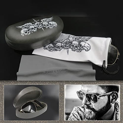 MyEyeglassCase Hard Sunglasses case - Women Glasses Case Holder - Large Durable Eyeglass Case Hard Shell with Pouch & Cloth - color: Skulls Grey