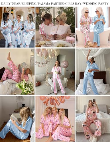 Ekouaer Silk Satin Pajamas Set Women Short Sleeve Pj Sets Button Down Sleepwear 2 Piece Soft Loungewear S-XXL - color: Green Leaves, size: Medium