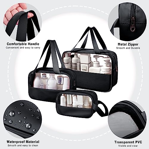 Clear Makeup Bag, 3 Pcs of Cosmetic Bags Set, Transparent PVC Travel Makeup Pouch, Waterproof Cute Toiletry Bag for Women (Black) - color: Z-Black-3pcs, style: 3pcs
