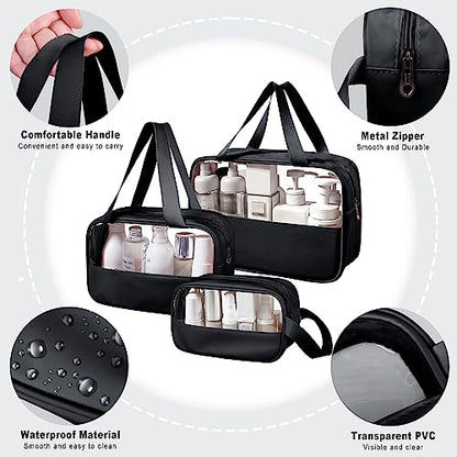Clear Makeup Bag, 3 Pcs of Cosmetic Bags Set, Transparent PVC Travel Makeup Pouch, Waterproof Cute Toiletry Bag for Women (Black) - color: Z-Black-3pcs, style: 3pcs