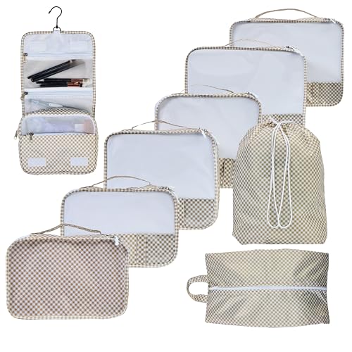 Packing Cubes Set – Cute Packing Cubes for Travel, Luggage Organizer Bags for Suitcase, For Kids & Family, Floral, Neutral & Aesthetic Travel Organizer Set-Gingham - color: Gingham