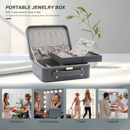 Travel Jewelry Case Large Jewelry Box Jewelry Travel Organizer Jewelry Case with Handle Removable Tray Best Gift for Women Girls (Grey) - color: Grey