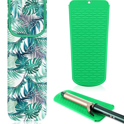 Shappy 2 Pcs Heat Resistant Hair Tools Bag Curling Iron Travel Case Cover Neoprene Flat Iron Holder Travel Case and Silicone Mat Pouch for Hot Hair Tools Storage Organizer(Frond Style) - style: Frond Style