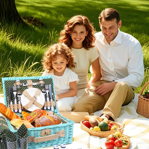 YPshuye Picnic Basket Set for 4 with Waterproof Blanket Mat Insulation Bag Wicker Blue Green Light Hawaiian Tropical Style Gift for Wedding Birthday Summer Camp Outdoor Camping Beach Travel Christmas - color: Green and White Dots