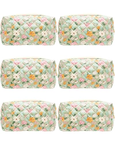 PAZIMIIK 6PCS Vintage Quilted Makeup Bag SET Cosmetic Pouch for Brushes Pencils and Travel Make Up Accessories for Women and Girls Floral Green - color: Floral Green, size: 6PCS