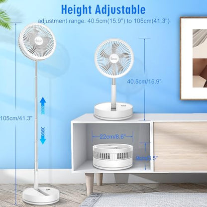 Portable Foldable Rechargeable Oscillating Fan - 8.6" 8000mah Battery Operated USB C Small Fan with Remote Quiet Table Desk Fan Folding Standing Pedestal Fan for Bedroom Rome Office Camping Travel - color: white