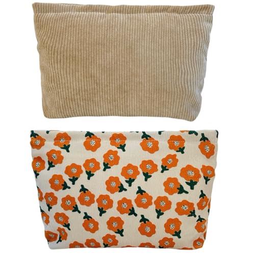 2 large makeup bags Women's Corduroy Canvas Makeup Bag, Travel Makeup Bag, Wallet Organizer, Khaki and Orange Flower Pattern - color: B01-brown