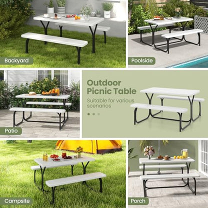 S AFSTAR Picnic Table Bench Set, 59” Expanded Rectangular Picnic Table, Outdoor Table and Bench W/Steel Frame & Wood-Like Texture Tabletop, Camping Table Chair Set for Garden Patio Lawn Deck (White) - color: White