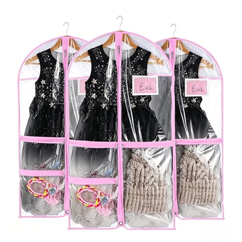 HOMEE 3 Pack Garment Bag with Zipper Pockests,Dance Garment Bags for Dancers,Waterproof Dance Costume Bags For Hanging Clothes,Foldable Travel Costumer Organizer Storage for Kids and Adults,Pink - color: Pink