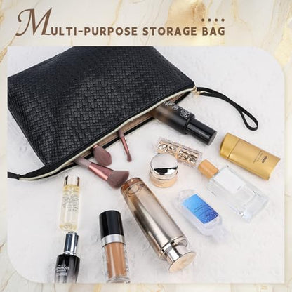 Large Makeup Bag with Wrist Strap, PU Leather Cosmetic Bag, Travel Toiletry Pouch for Women, Gifts for Mom/Sisters/Friends/Bridesmaid (Small Plaid) - color: Small Plaid-Large