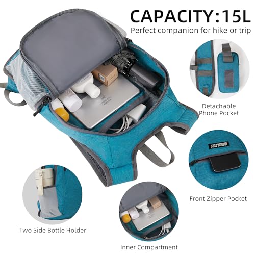 Small Hiking Backpack with Detachable Front Phone Holder, Foldable Packable Back pack with Chest and Waist Strap, Lightweight Daypack for Women Men (Blue, 15L) - color: Blue
