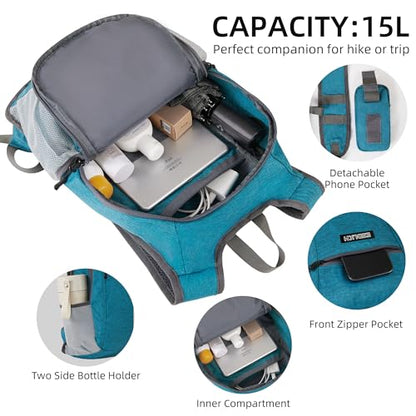 Small Hiking Backpack with Detachable Front Phone Holder, Foldable Packable Back pack with Chest and Waist Strap, Lightweight Daypack for Women Men (Blue, 15L) - color: Blue