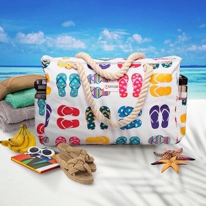 Beach Bag and Pool Bag Has Cooler Pocket, 7 Pockets Total, Zip Top. Family Size Waterproof Beach Tote - color: Funky Flip Flops