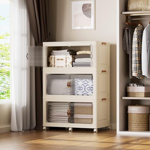SAILUN 145Gal/579Qt Stackable Storage Bins Folding Collapsible Storage Bins with Lid, Closet Organizers and Storage Box with Door Cream 33.5" W x 19" D x 53" H - color: Cream, size: 1 Lid 3 Pack-33.5" W x 19" D x 53" H