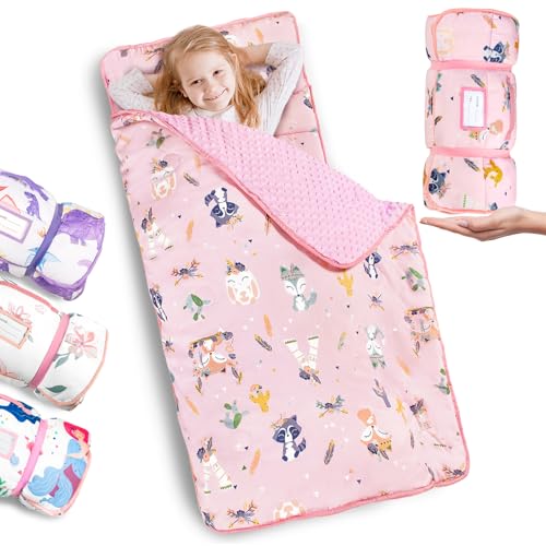 Primlect Thickened Toddler Nap Mat with Removable Pillow and Minky Blanket, Extra Large 55''x35'' Sleeping Bag, Washable, Roll up, Perfect for Daycare, Preschool, Kindergarten, Boys and Girls Pink Fox - color: Pink Fox