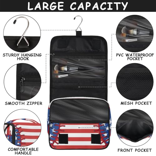 Hanging Travel Toiletry Bag for Women, Baseball Flag Motif Water Resistant Polyester Organizer with Hook & Handle, Large Capacity Cosmetic Bag for Travel, Gym, Camping - color: Baseball Flag Motif