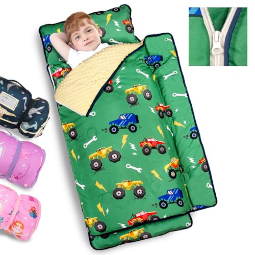 Primlect Toddler Nap Mat Extra Large Thickened 55''x35'', Soft Sleeping Bag with Detachable Minky Blanket and Pillow, Portable for Daycare, Preschool, Kindergarten, Travel, Boys and Girls - color: Green Truck