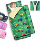 Primlect Toddler Nap Mat Extra Large Thickened 55''x35'', Soft Sleeping Bag with Detachable Minky Blanket and Pillow, Portable for Daycare, Preschool, Kindergarten, Travel, Boys and Girls - color: Green Truck