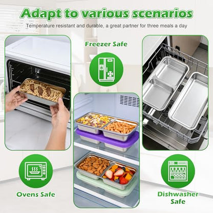 4 Pack 14 oz Stainless Steel Snack Containers, 2 Compartment Leakproof Metal Bento Box with Silicone Lids, Divided Food Storage for Meal Prep, Portion Control, Lunch, Travel, Camping - color: 2 Compartments – B