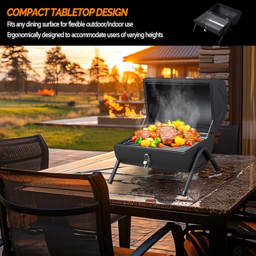 VINGLI Portable Charcoal Grill with Thermometer & Wooden Handle, Multi-functional Metal Compact Tabletop BBQ Outdoor Charcoal Grill for Camping Travel Picnic Patio - style: One-Side