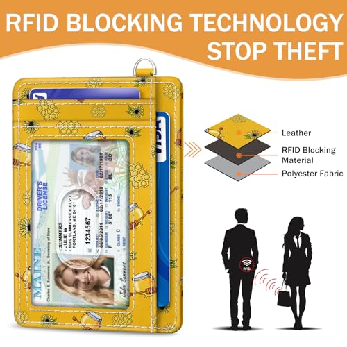 Yonlevres Credit Card Holder Slim Wallet, Bee RFID Wallet Women Front Pocket Small Card Holder, Travel Cute Funny Thin Card Case ID Window PU Leather RFID Blocking Card Organizer Gifts Girls Ladies - color: Bee