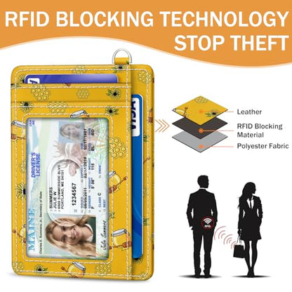 Yonlevres Credit Card Holder Slim Wallet, Bee RFID Wallet Women Front Pocket Small Card Holder, Travel Cute Funny Thin Card Case ID Window PU Leather RFID Blocking Card Organizer Gifts Girls Ladies - color: Bee