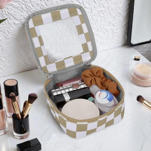 DOB SECHS Mini Checkered Bag for Purse 5.1'' x 5.1'' Small Makeup Bag for Car Cute Clear Cosmetic Bags with Zipper, Tiny Toiletry Bag Lipstick Organizer Pouch Travel Essentials Storage Pouch, Khaki - color: Khaki