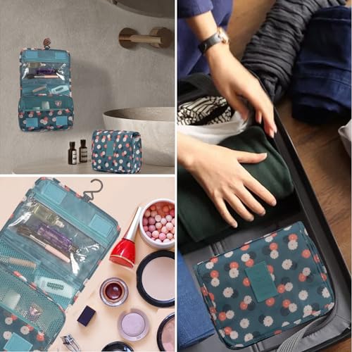 L&FY Hanging Travel Toiletry Bag Women's Cosmetic Organizer Makeup Case Pouch Men's Shaving Kits With Handle (Blue Flower) - color: Blue Flower, size: Compact Size